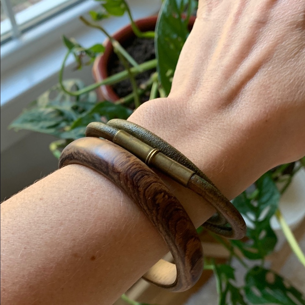 Wood and Leather Bangle Set